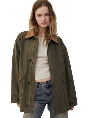 H&M Divided Oversized Canvas Jacket Barn Chore Coat Khaki Green Size L